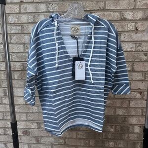 NEW Chaser Blue And White Striped Short Sleeve Hoodie - Women's Medium